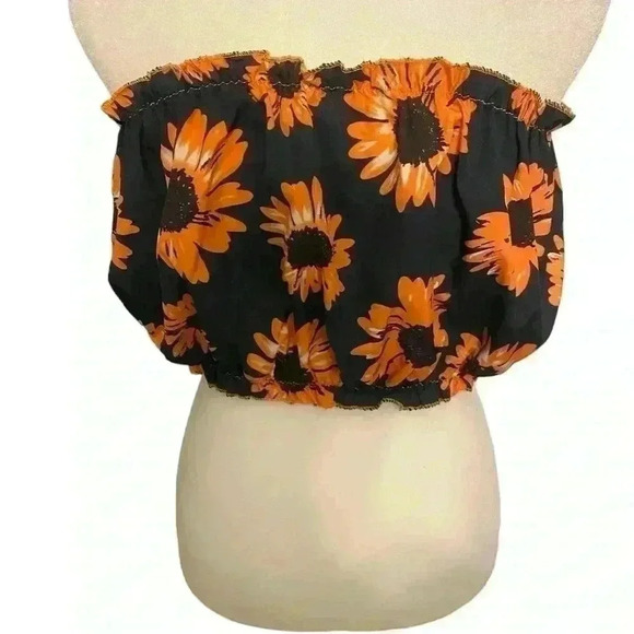 SHEIN flower tube top with elastic top & bottom in navy with floral design LARGE - Picture 1 of 5